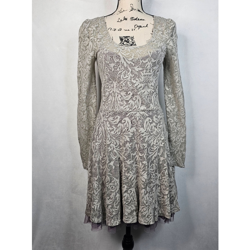 Lace Overlay Long-Sleeve Fit & Flare Dress in Light Gray